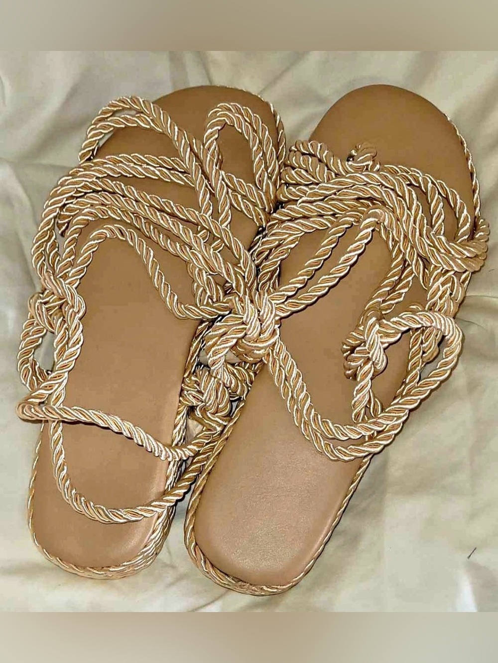 Woven Rope Strap Flat Sandals Tan Size 6
